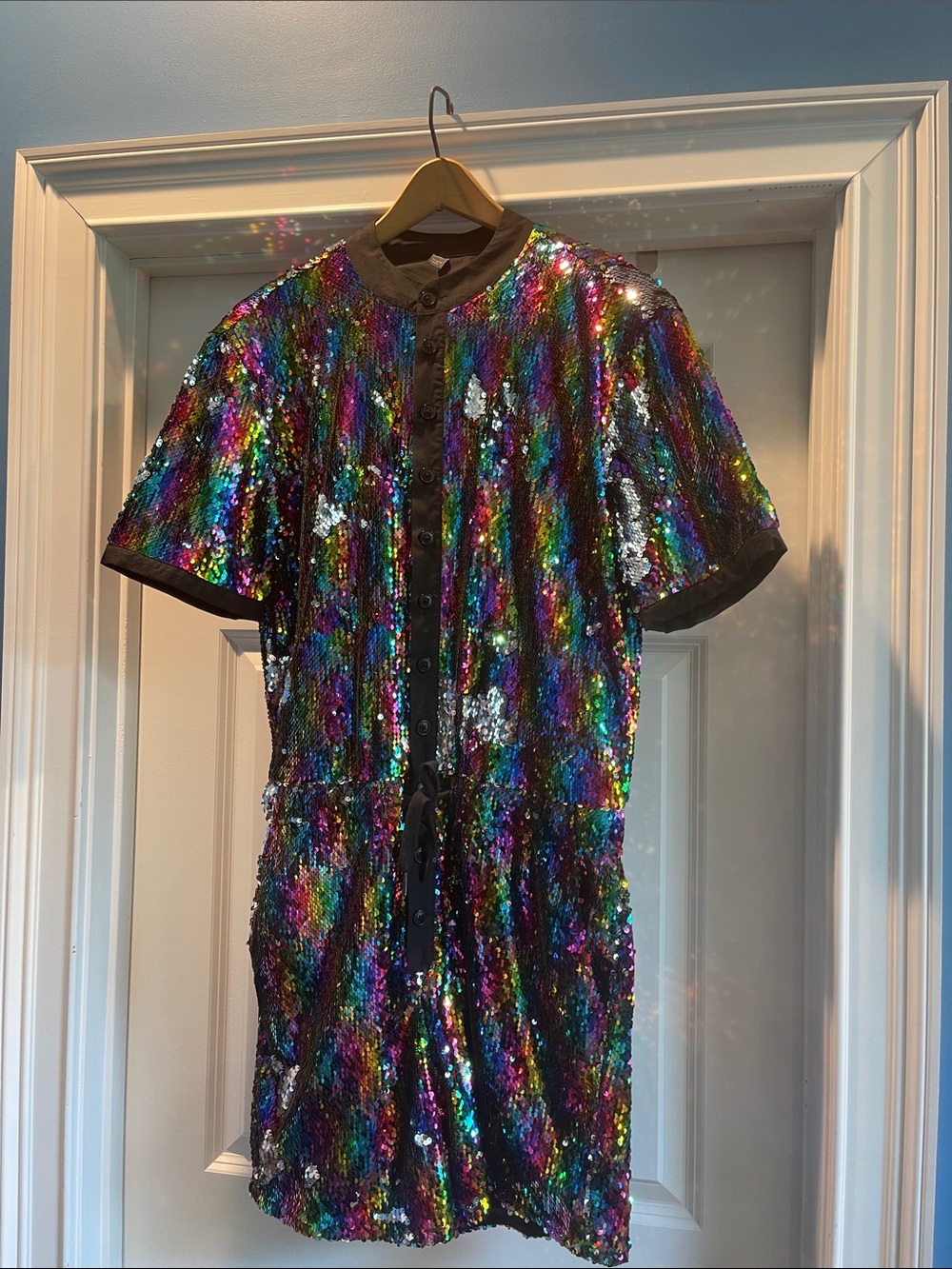 Rainbow/Silver Sequins Short Sleeve Romper Cinched Waist drawstring Lined Large